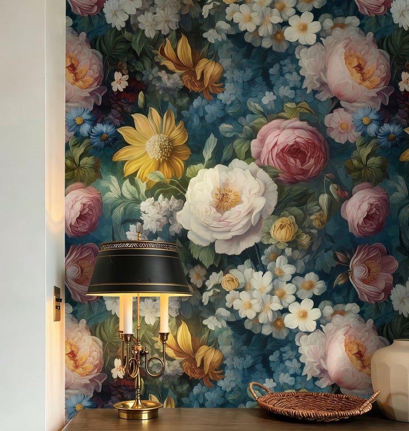 HeloHo Floral Peel and Stick Wallpaper Colorful Wallpaper Peony Floral Self Adhesive Removable Contact Paper for Bedroom Bathroom Cabinet Decor 17.3"x78.7" Blue Vintage Flower Wall Paper Vinyl Rolls - Image 2