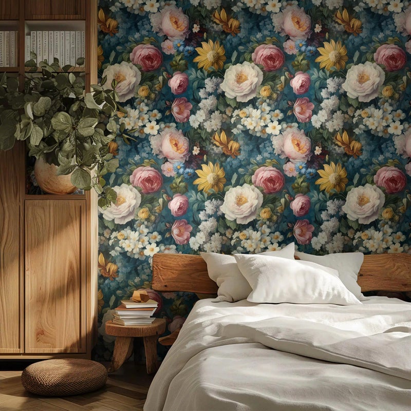 HeloHo Floral Peel and Stick Wallpaper Colorful Wallpaper Peony Floral Self Adhesive Removable Contact Paper for Bedroom Bathroom Cabinet Decor 17.3"x78.7" Blue Vintage Flower Wall Paper Vinyl Rolls - Image 3