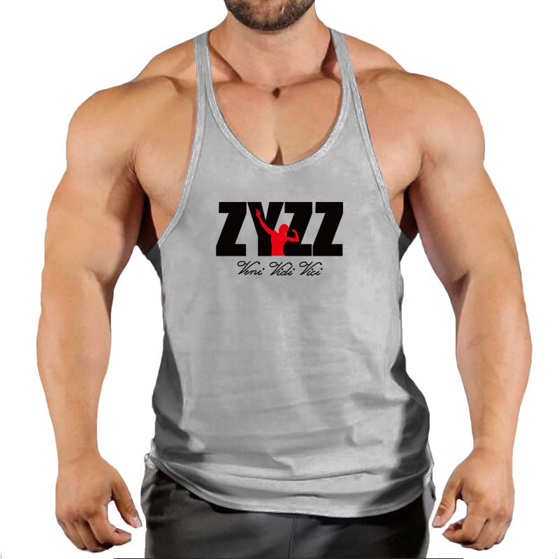Mens Fitness Tank Tops Printed Sleeveless Tee grey white - Image 2