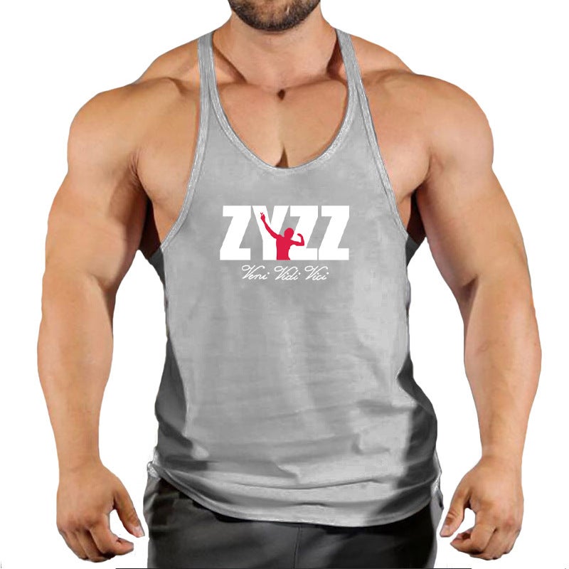 Mens Fitness Tank Tops Printed Sleeveless Tee grey white - Image 1