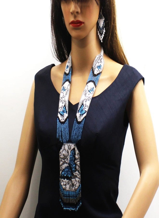 BeadsCorner Native Tribal Style Long Statement Beaded Necklace for Women Handmade (White Blue Butterfly) - Image 2