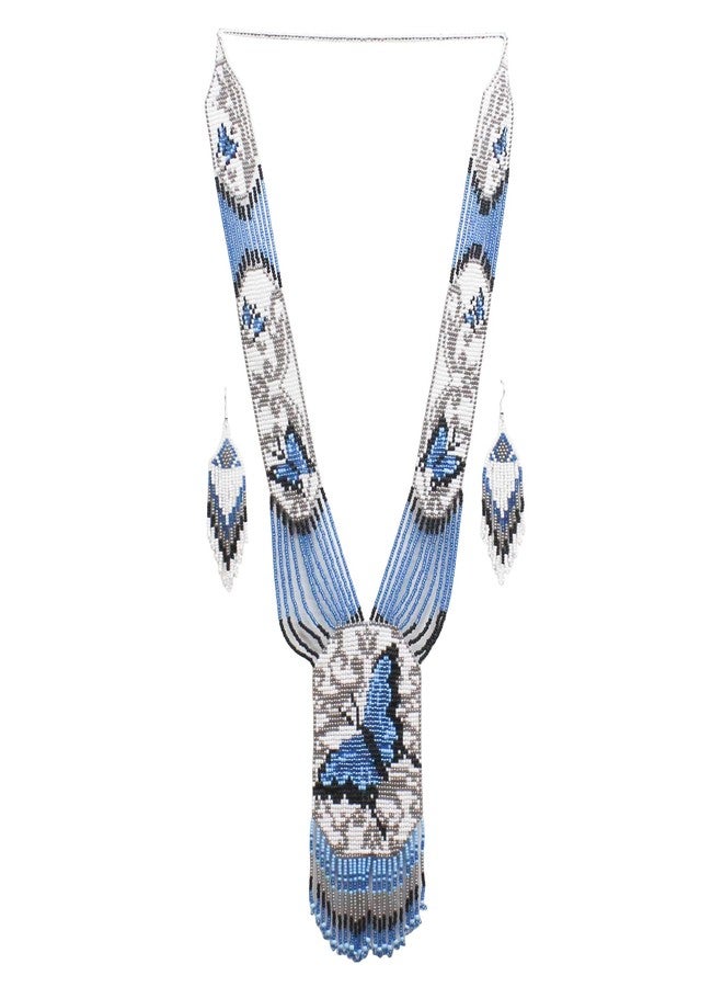 BeadsCorner Native Tribal Style Long Statement Beaded Necklace for Women Handmade (White Blue Butterfly) - Image 1