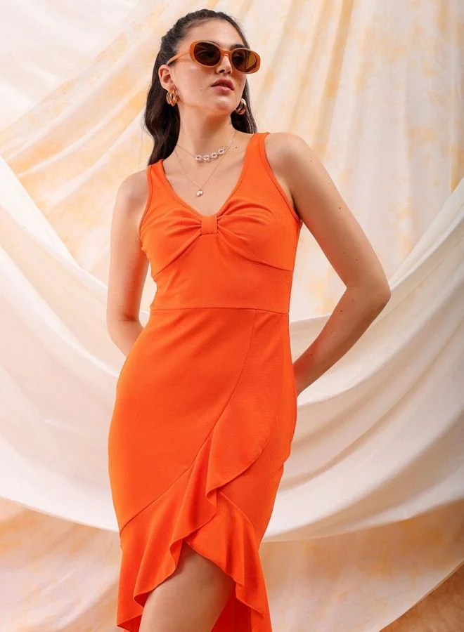 Women Regular Fit Solid Scoop Neck Sleeveless Ruffle Dress