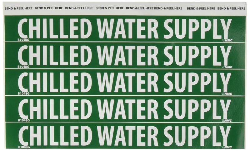 NMC B1048G Pipemarkers Sign, Legend "Chilled Water Supply", 9" Length x 1" Height, 3/4" Letter Size, Pressure Sensitive Vinyl, White on Green (Pack of 25) - Image 1