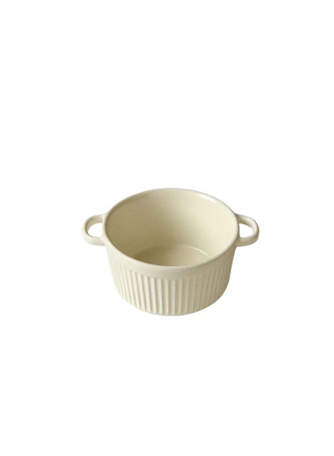 Two-Ear Steamed Egg Bowl Shufulei Baking Bowl With Lid Air Fryer Children's Special Ceramic Egg Stew Cup Pudding Bowl Tableware-Specifications:Default-Capacity:Creamy Yellow-large Round Striped Baking Bowl  - Image 5