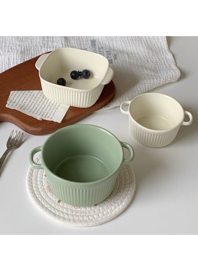 Two-Ear Steamed Egg Bowl Shufulei Baking Bowl With Lid Air Fryer Children's Special Ceramic Egg Stew Cup Pudding Bowl Tableware-Specifications:Default-Capacity:Creamy Yellow-large Round Striped Baking Bowl  - Image 2