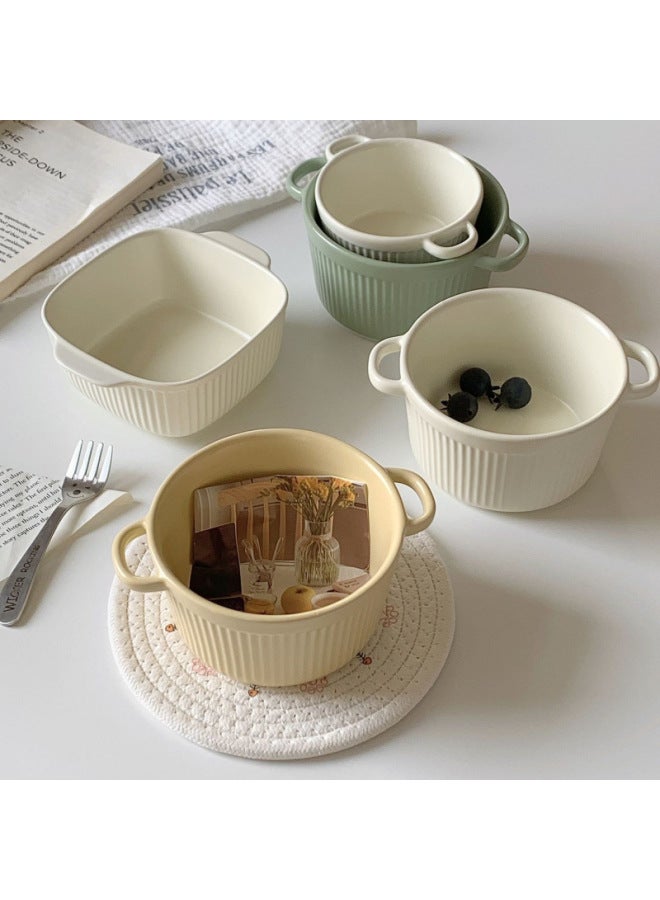 Two-Ear Steamed Egg Bowl Shufulei Baking Bowl With Lid Air Fryer Children's Special Ceramic Egg Stew Cup Pudding Bowl Tableware-Specifications:Default-Capacity:Creamy Yellow-large Round Striped Baking Bowl  - Image 1