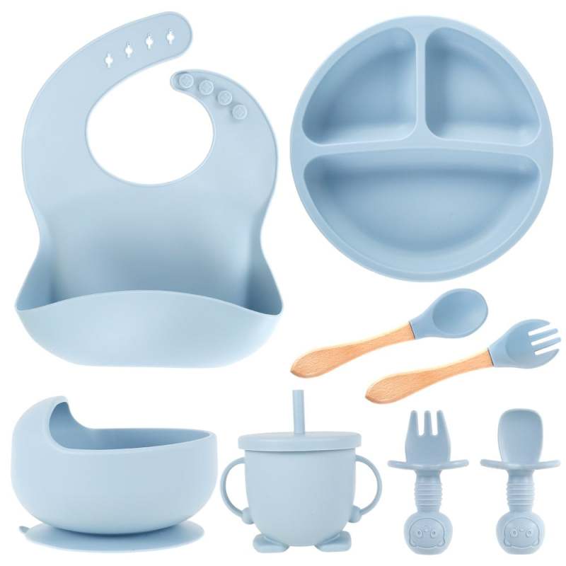 Blue Baby Feeding Set Silicone Wood Suction Cup Bowl - Easy Clean Soft Silicone Weaning Supplies for Baby Led Weaning Toddler Self Feeding - Image 1
