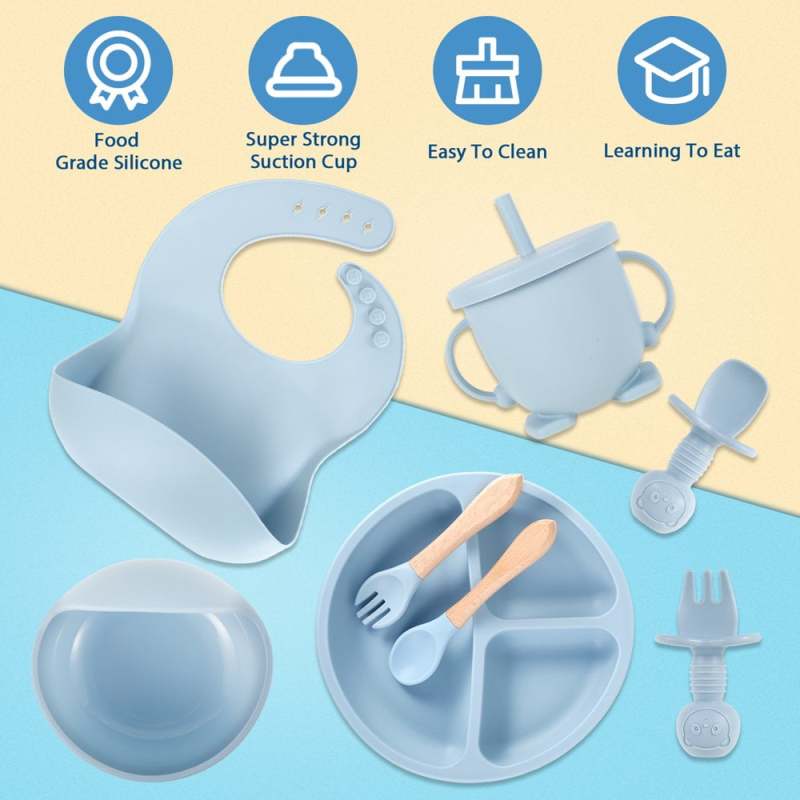Blue Baby Feeding Set Silicone Wood Suction Cup Bowl - Easy Clean Soft Silicone Weaning Supplies for Baby Led Weaning Toddler Self Feeding - Image 5