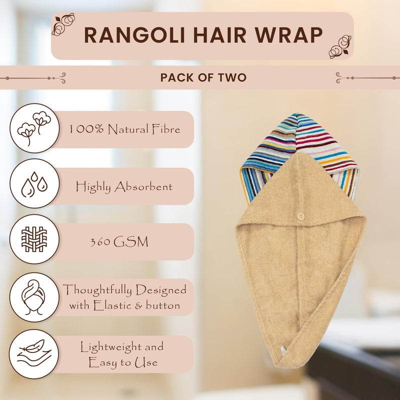 Rangoli رنجولي لفافة منشفة شعر 100% قطن للنساء، 360 غم - فائقة النعومة وامتصاص ممتاز، بيج ومجموعة متعددة (2) - Image 2