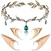 FRESHME 2 Pairs Elf Ears with Leaf Headpiece Set Soft Pointed Fairy Ears and Green Rhinestone Headband Crystal Leaf Crown for Women Christmas Renaissance Halloween Custome Cosplay Valentines Gift - Image 3