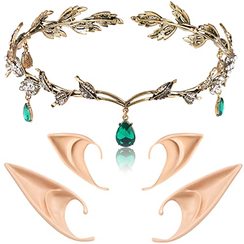 FRESHME 2 Pairs Elf Ears with Leaf Headpiece Set Soft Pointed Fairy Ears and Green Rhinestone Headband Crystal Leaf Crown for Women Christmas Renaissance Halloween Custome Cosplay Valentines Gift - Image 1