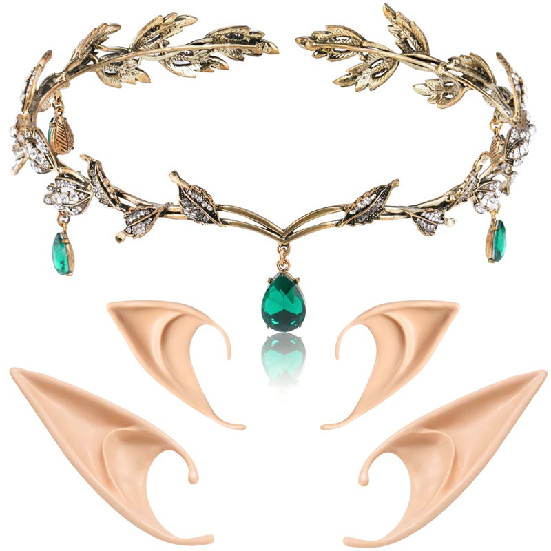 FRESHME 2 Pairs Elf Ears with Leaf Headpiece Set Soft Pointed Fairy Ears and Green Rhinestone Headband Crystal Leaf Crown for Women Christmas Renaissance Halloween Custome Cosplay Valentines Gift - Image 2