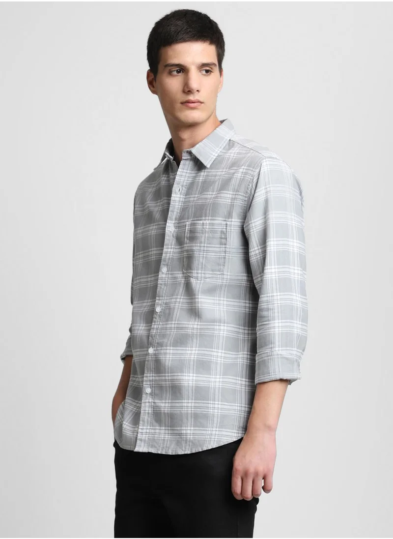 Dennis Lingo Slim Fit Light Grey Cotton Checks Shirt for Men - Spread Collar, Full Sleeves, Casual