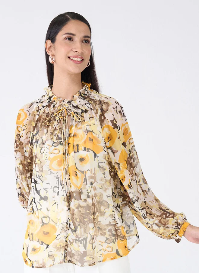 سولت اتاير SALT ATTIRE Animal Print Tie-Up Neck Shirt Style Top