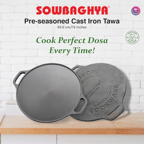 SOWBAGHYA Cast Iron Dosa Tawa 30.5cm/12inch - Pre-Seasoned for Roti/Dosa - Free Wooden Spatula - No Chemical Coating - Iron Rich Food - Even Heating - High Heat Retention - Hand Wash Only - Image 4