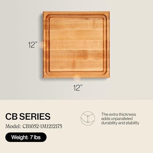 John Boos CB Series Square Wooden Maple Cutting Board 12”x12” – 1.75” Thick, 7-lb Reversible Butcher Block with Juice Groove, Edge-Grain & Finger Grips – Made in the USA - Image 2