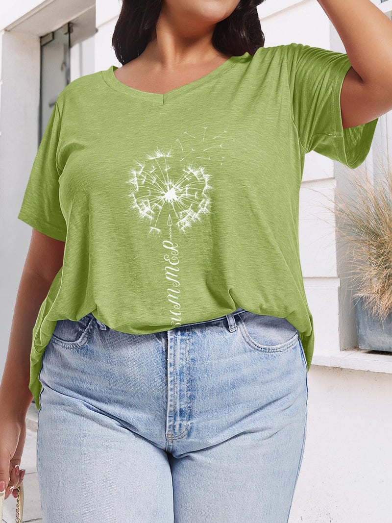 JOELLYUS Plus Size Tops for Women Summer Top V Neck T Shirts Loose Fit Basic Tees Short Sleeve Blouse(Grass Green Dandelion,4XL) - Image 5