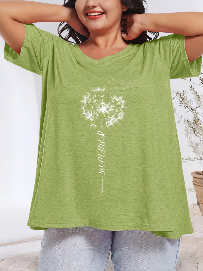 JOELLYUS Plus Size Tops for Women Summer Top V Neck T Shirts Loose Fit Basic Tees Short Sleeve Blouse(Grass Green Dandelion,4XL) - Image 3