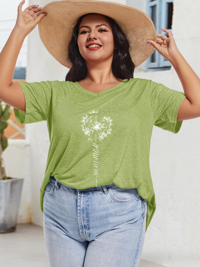 JOELLYUS Plus Size Tops for Women Summer Top V Neck T Shirts Loose Fit Basic Tees Short Sleeve Blouse(Grass Green Dandelion,4XL) - Image 4