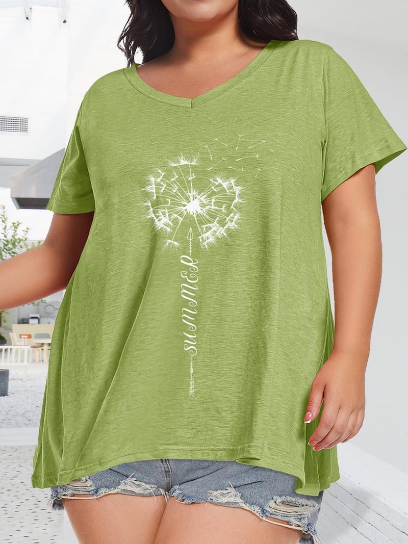 JOELLYUS Plus Size Tops for Women Summer Top V Neck T Shirts Loose Fit Basic Tees Short Sleeve Blouse(Grass Green Dandelion,4XL) - Image 2