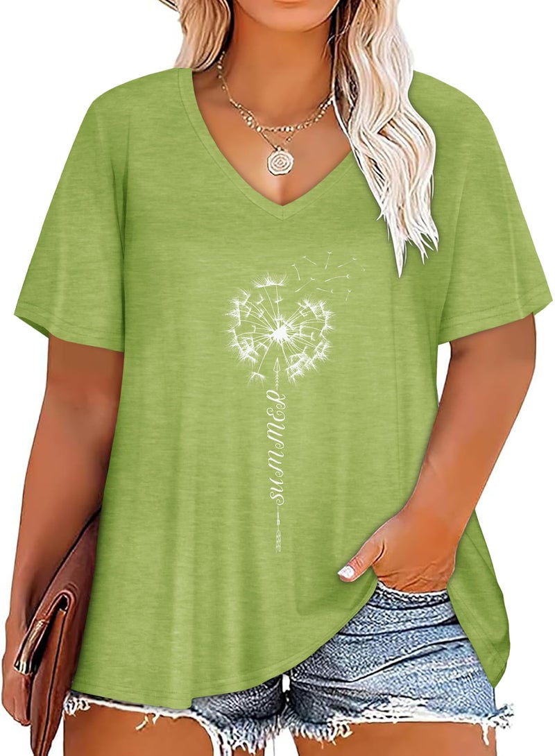 JOELLYUS Plus Size Tops for Women Summer Top V Neck T Shirts Loose Fit Basic Tees Short Sleeve Blouse(Grass Green Dandelion,4XL) - Image 1