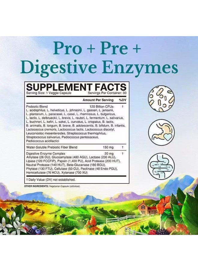 Vitalitown 120 Billion CFUs Probiotics 36 Strains, Prebiotics, Digestive Enzymes for Men and Women, 30 Delayed Release Veg Caps - Image 2