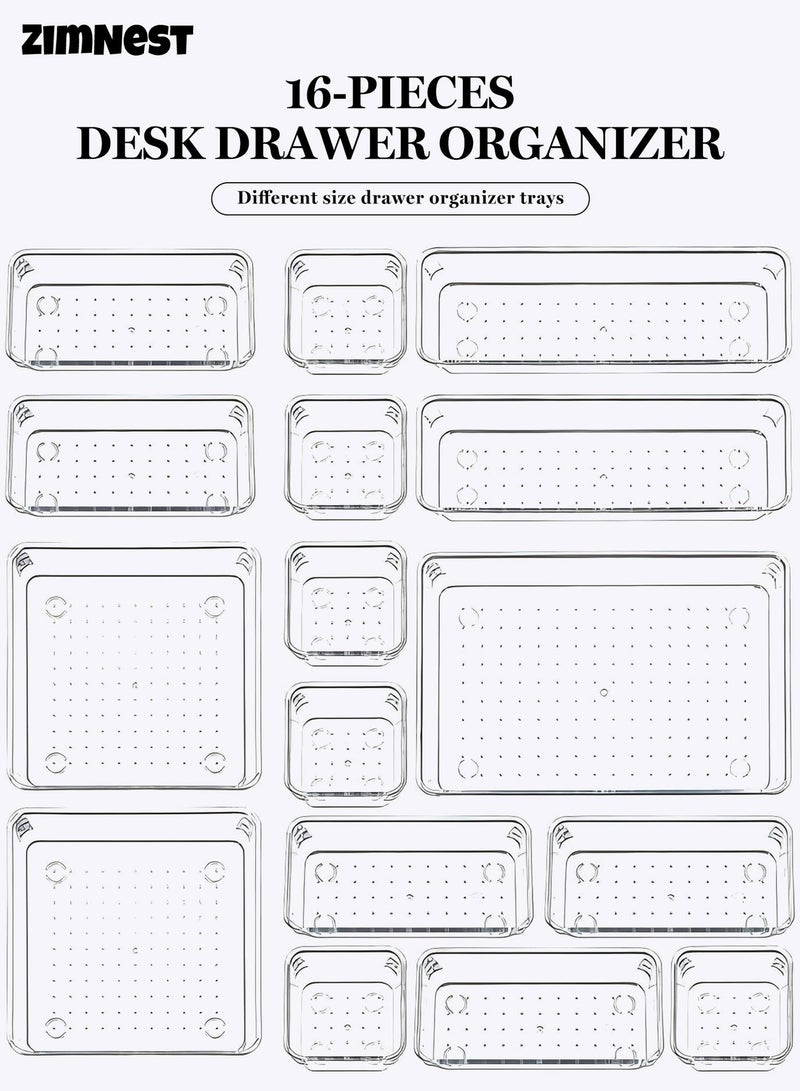 ZIMNEST 16 PCS Clear Plastic Drawer Organizer Trays Set, 5 Sizes Versatile Storage Bins for Bathroom, Vanity, Makeup, Kitchen Utensils, Bedroom and Office Supplies - Image 1