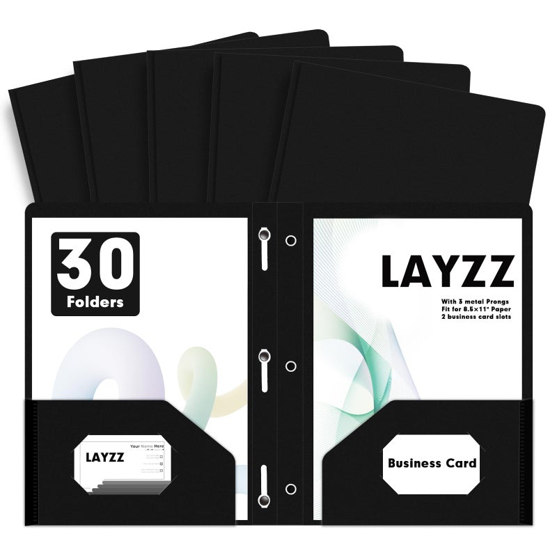 LAYZZ Plastic 2 Pocket Folders with Prongs, 30 Pack, Heavyweight, Letter Size Poly Folders with 3 Metal Prongs Fastener Clips (Black) - Image 1