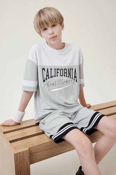 Grey Boy Boy Oversize Crew Neck Printed Color Block T-Shirt Casual