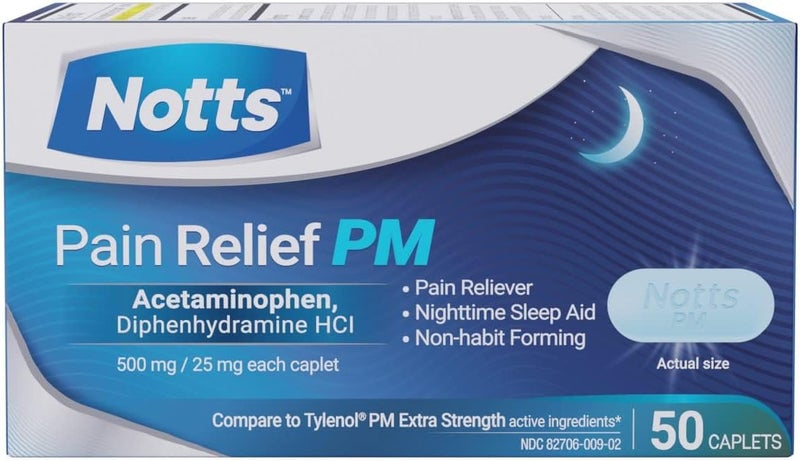 NOTTS PM Extra Strength Pain Relief  Sleep Aid 500mg Acetaminophen  25mg Diphenhydramine HCl 50 Caplets for Nighttime Aches Headaches  Body Pain NonHabit Forming - Image 2
