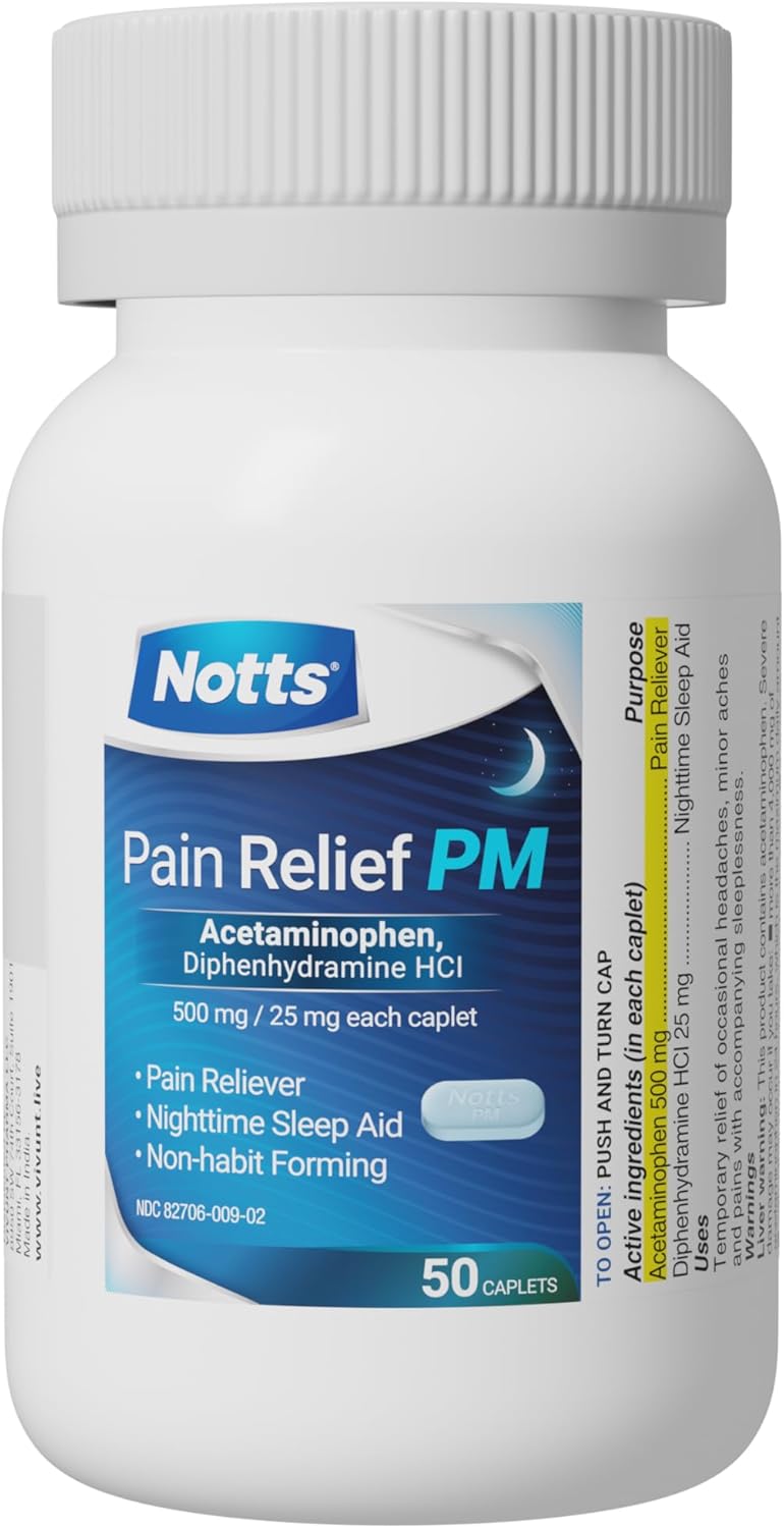 NOTTS PM Extra Strength Pain Relief  Sleep Aid 500mg Acetaminophen  25mg Diphenhydramine HCl 50 Caplets for Nighttime Aches Headaches  Body Pain NonHabit Forming - Image 1