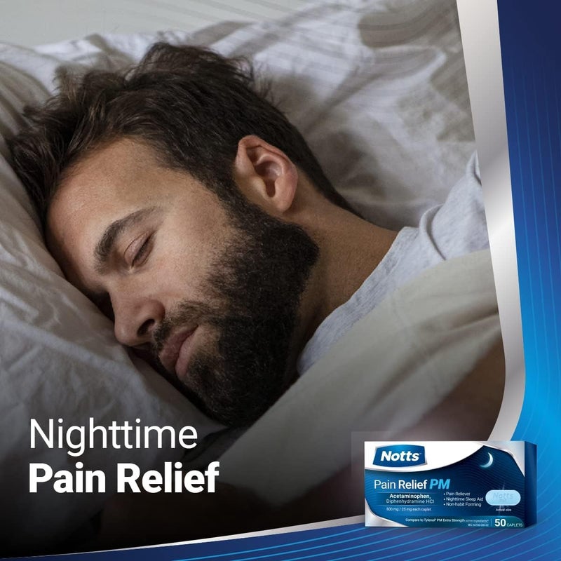 NOTTS PM Extra Strength Pain Relief  Sleep Aid 500mg Acetaminophen  25mg Diphenhydramine HCl 50 Caplets for Nighttime Aches Headaches  Body Pain NonHabit Forming - Image 4