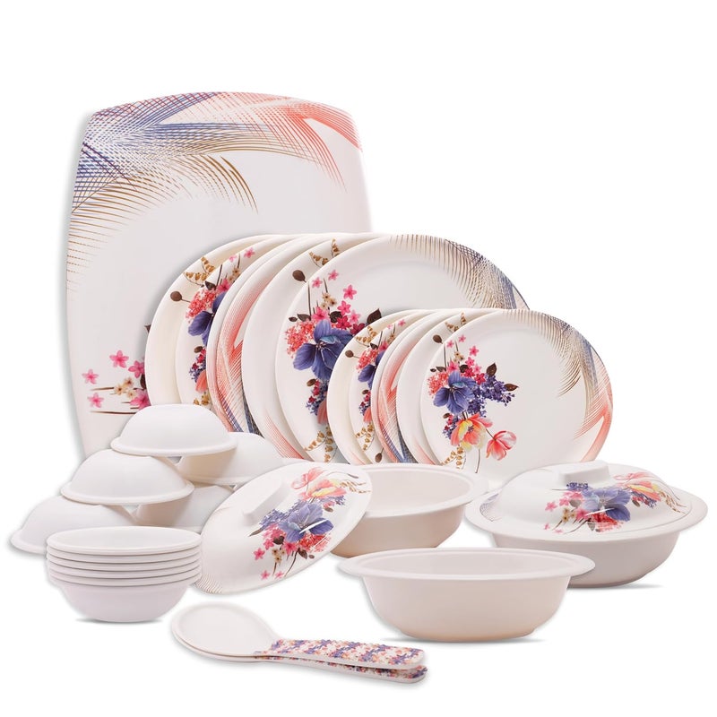 HomePro 32 Pieces Melamine Dinner Set Boss Elegant Stain Resistant Beautiful Multicolor Unique Floral Design Crockery Dinnerware in Exclusive Square Shape Set for Your Home Kitchen and Gifting - Image 5