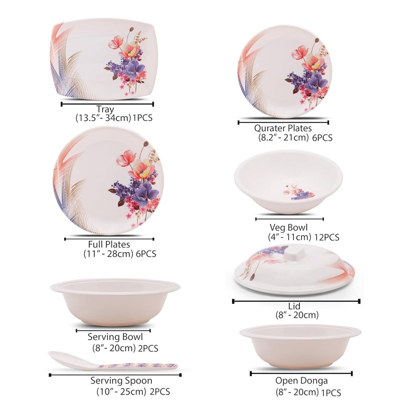 HomePro 32 Pieces Melamine Dinner Set Boss Elegant Stain Resistant Beautiful Multicolor Unique Floral Design Crockery Dinnerware in Exclusive Square Shape Set for Your Home Kitchen and Gifting - Image 3