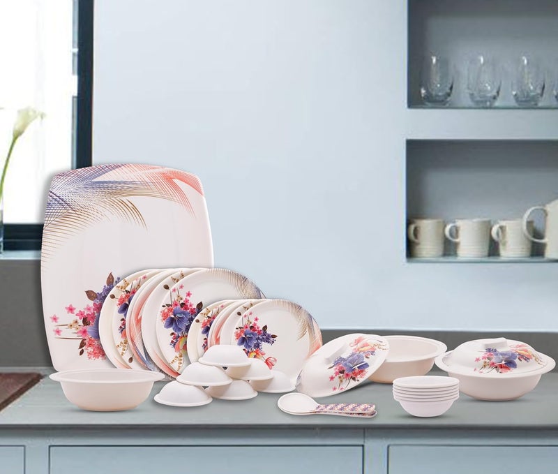 HomePro 32 Pieces Melamine Dinner Set Boss Elegant Stain Resistant Beautiful Multicolor Unique Floral Design Crockery Dinnerware in Exclusive Square Shape Set for Your Home Kitchen and Gifting - Image 1