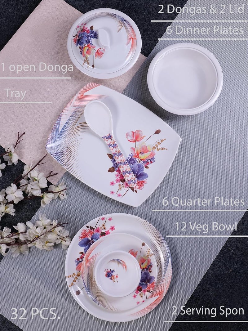 HomePro 32 Pieces Melamine Dinner Set Boss Elegant Stain Resistant Beautiful Multicolor Unique Floral Design Crockery Dinnerware in Exclusive Square Shape Set for Your Home Kitchen and Gifting - Image 2