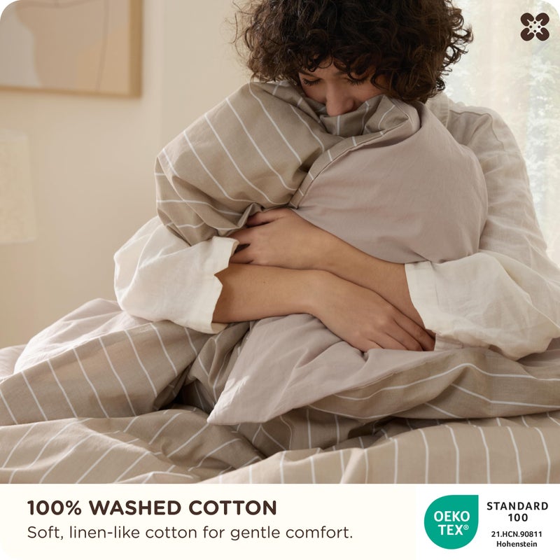 Bedsure Striped Duvet Cover Queen Size,100% Washed Cotton Duvet Cover Linen Like Textured, Classic Striped Pattern Enhances Bedroom Comfort and Style, Stripes Tan/White, 90"x90" - Image 4