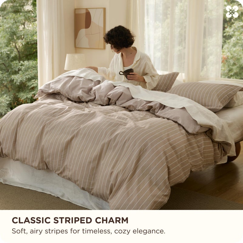 Bedsure Striped Duvet Cover Queen Size,100% Washed Cotton Duvet Cover Linen Like Textured, Classic Striped Pattern Enhances Bedroom Comfort and Style, Stripes Tan/White, 90"x90" - Image 2
