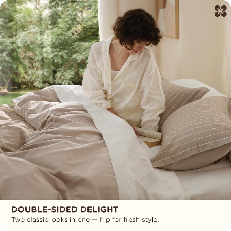Bedsure Striped Duvet Cover Queen Size,100% Washed Cotton Duvet Cover Linen Like Textured, Classic Striped Pattern Enhances Bedroom Comfort and Style, Stripes Tan/White, 90"x90" - Image 3