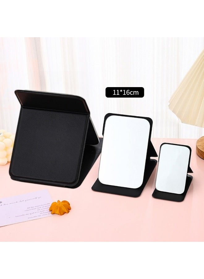 Portable Folding Makeup Mirror Black, PU Leather Cover, Handheld Mirror for Girls, HD Mirror Surface, Adjustable Angle, 11x16cm