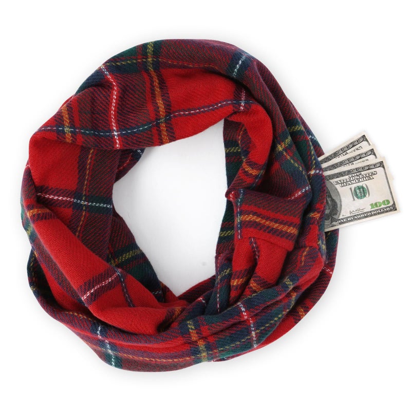 GERINLY Buffalo Plaid Infinity Scarf with Hidden Zipper Pocket, Warm Red Grid Travel Scarf, Christmas Sweater Neck Wrap - Image 1