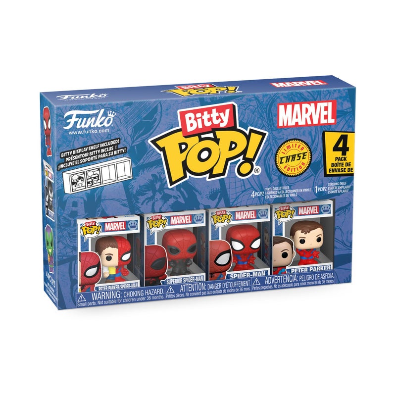 Funko Pop! Bitty: Bitty Pop! 4PK - Peter Parker/Spider-Man, Superior SM, Spider-Man, and Mystery Chase Figure - 0.9 Inch (2.2 Cm) - Marvel Comics Collectable - Stackable Display Shelf Included - Image 1