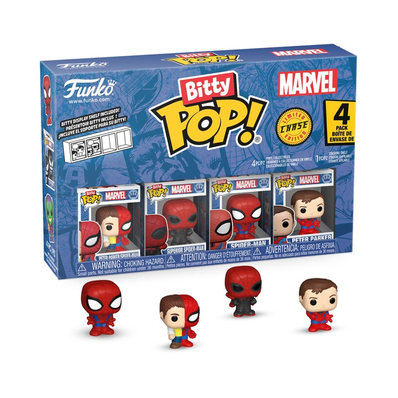 Funko Pop! Bitty: Bitty Pop! 4PK - Peter Parker/Spider-Man, Superior SM, Spider-Man, and Mystery Chase Figure - 0.9 Inch (2.2 Cm) - Marvel Comics Collectable - Stackable Display Shelf Included - Image 2
