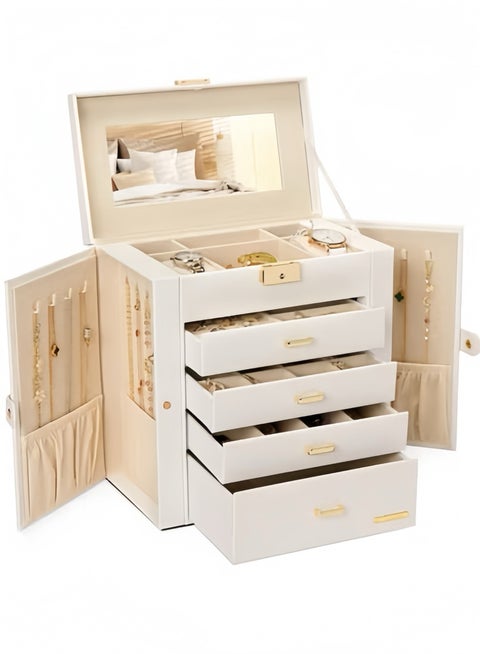 صندوق مجوهرات ضخم من الجلد الصناعي مع مرآة، منظم ساعات، تخزين للقلائد، الخواتم، والأقراط، قفل هدية، أبيض.