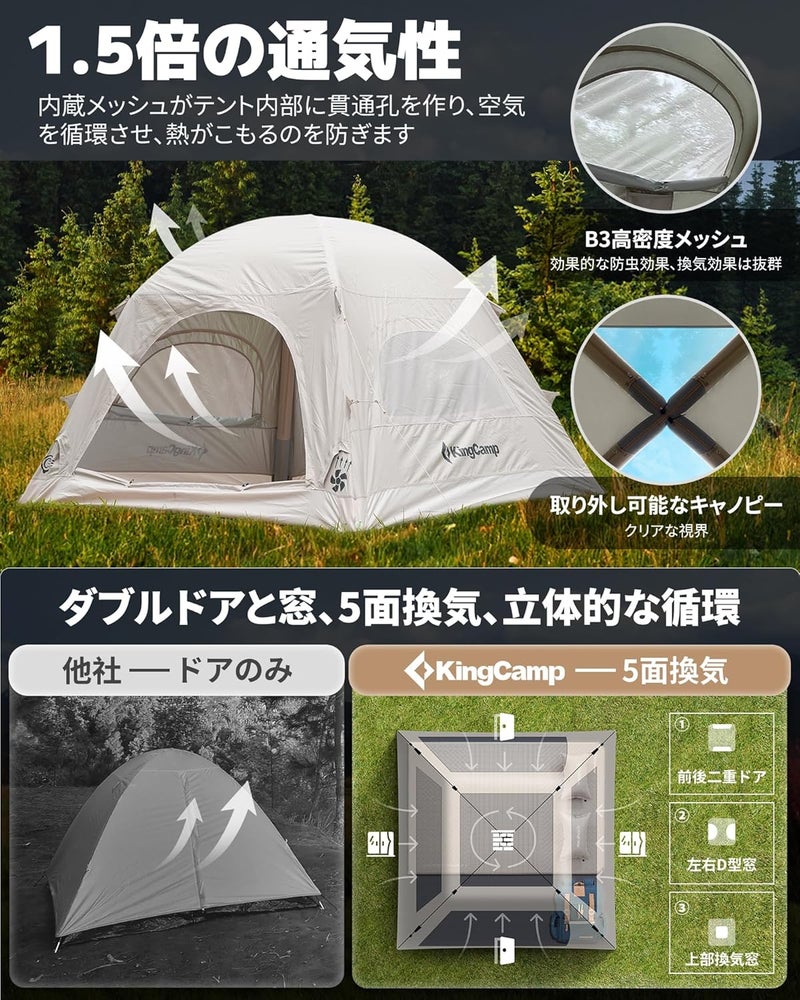 KingCamp Air Tent, 40s Setup, Built-in Air Pole, Large, For 3-4 People, Inflatable Tent, Compact, Waterproof, Windproof, UV Protection, Lightweight, Breathable, Easy Setup, All Seasons, Camping - Image 4