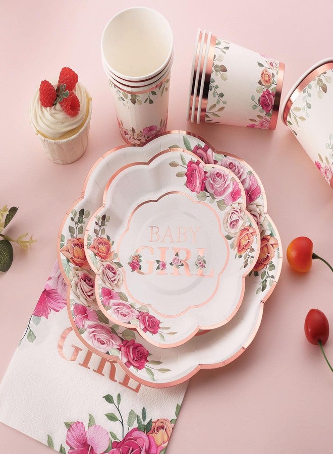 Boosolo Baby Girl Shower Decorations,Baby Shower Plates and Napkins Party Supplies With Rose Gold Foil, Pink Floral Paper Plates, Napkins, Dessert Plate, Disposable Cups | Tea Party Supplies - Image 2