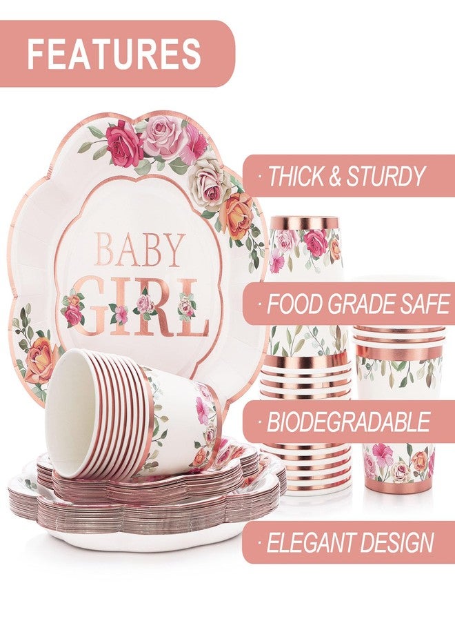 Boosolo Baby Girl Shower Decorations,Baby Shower Plates and Napkins Party Supplies With Rose Gold Foil, Pink Floral Paper Plates, Napkins, Dessert Plate, Disposable Cups | Tea Party Supplies - Image 4