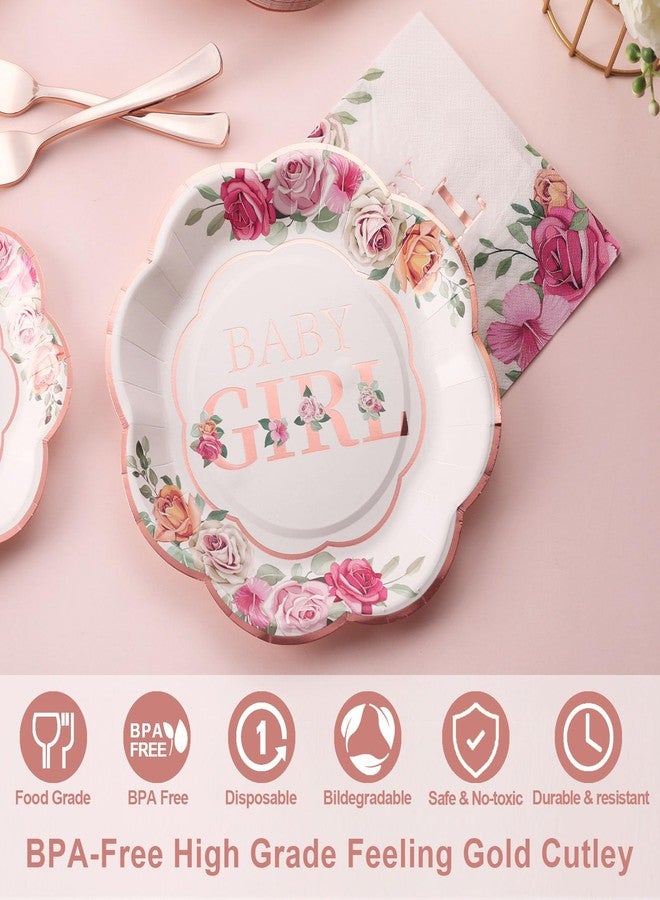 Boosolo Baby Girl Shower Decorations,Baby Shower Plates and Napkins Party Supplies With Rose Gold Foil, Pink Floral Paper Plates, Napkins, Dessert Plate, Disposable Cups | Tea Party Supplies - Image 3