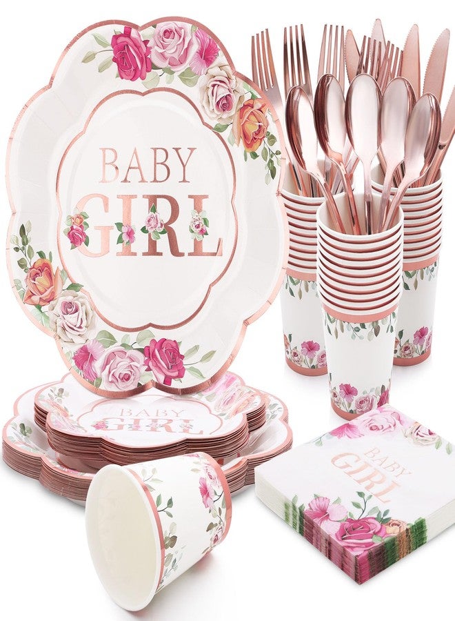 Boosolo Baby Girl Shower Decorations,Baby Shower Plates and Napkins Party Supplies With Rose Gold Foil, Pink Floral Paper Plates, Napkins, Dessert Plate, Disposable Cups | Tea Party Supplies - Image 1